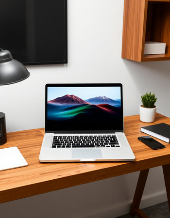 Laptop on wooden desk in modern office. 3d rendering.