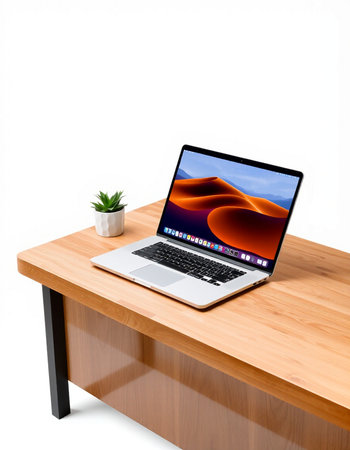 Laptop on a wooden table isolated on white background. 3d rendering.