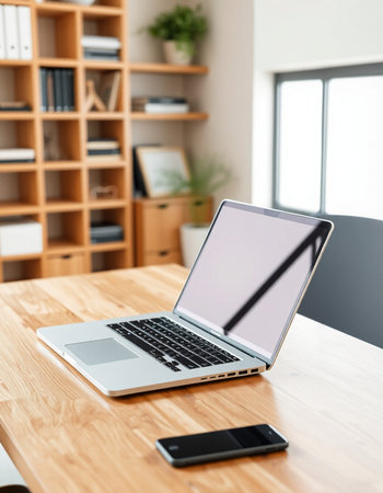 laptop with blank screen and smartphone on wooden table in modern office