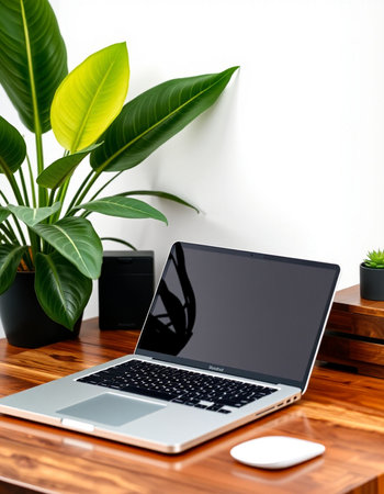 Laptop with blank screen on wooden table and green plant on white wall background