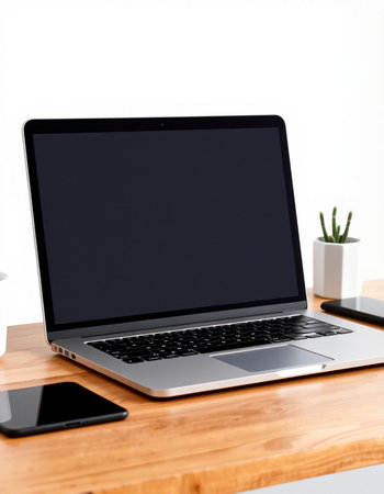 Laptop with blank screen on wooden desk in office. Workplace concept