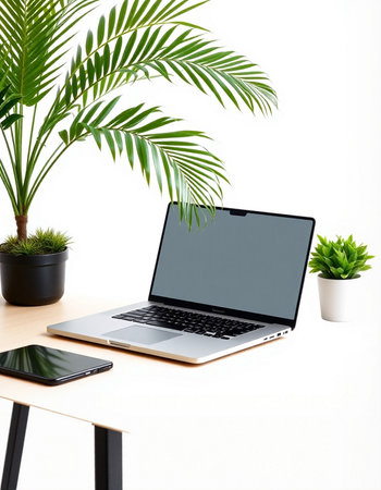 Laptop with blank screen on wooden desk and green plant on white background