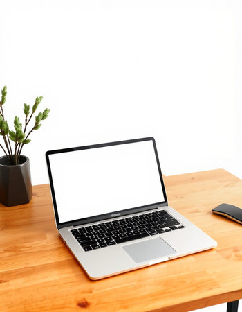 Laptop computer with blank screen on wooden table with white wall background
