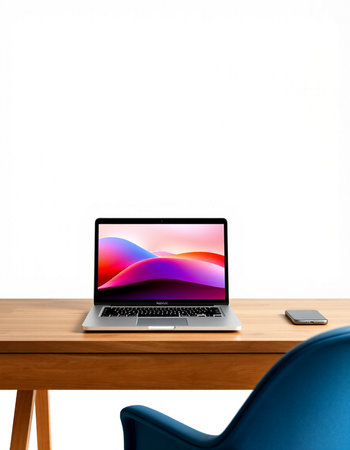 Laptop on wooden table with white wall background. 3d rendering.の写真素材