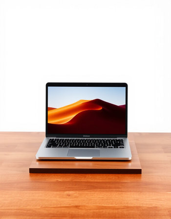Laptop on a wooden desk with a white background and a shadow
