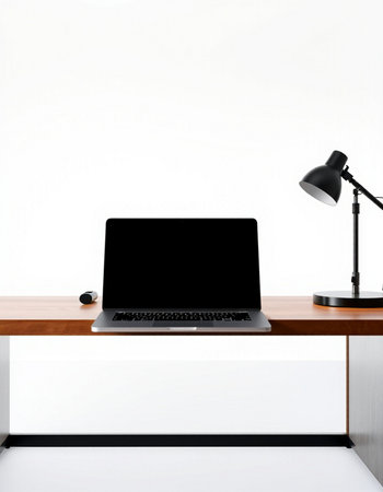Laptop with blank screen on table in office. Mock up, 3D Renderingの写真素材