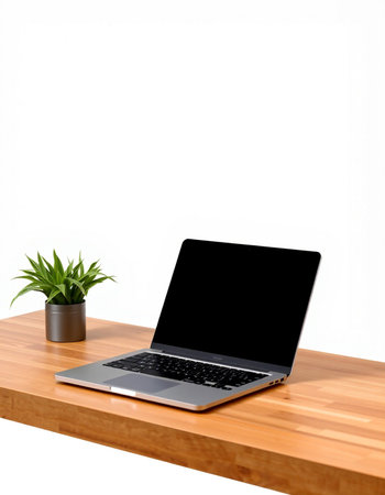 Laptop on wooden table with white wall background. 3D rendering.