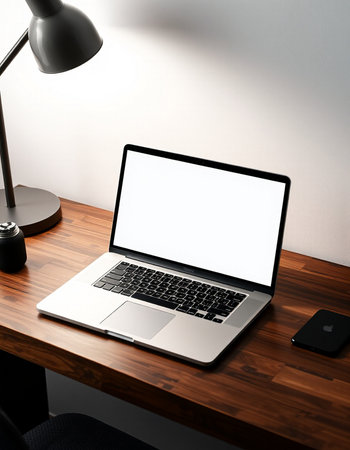 Laptop with blank screen on wooden table in room. 3d render