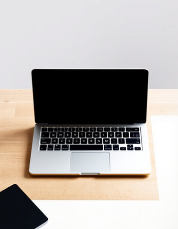 Laptop on wooden desk with copy space for your text, stock photo