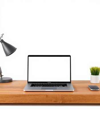 Laptop with blank screen on wooden table isolated on white background.