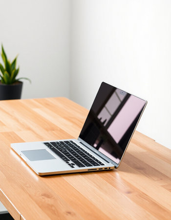 Laptop on the wooden table with white wall in the background.