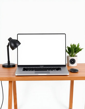 Laptop with blank screen on wooden desk and white wall background.