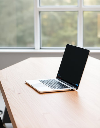 Laptop with blank screen on wooden table in office. Mock upの写真素材