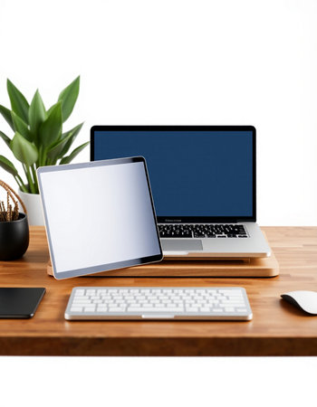 Modern workspace with blank screen laptop computer and supplies on wooden desk isolated on white...