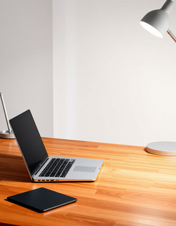 Laptop and tablet on wooden table in office. 3d render