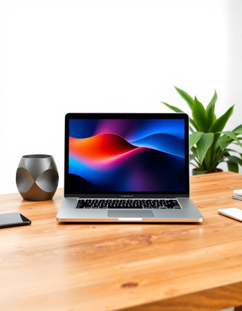 Modern laptop on wooden desk in office. 3D render. Front view