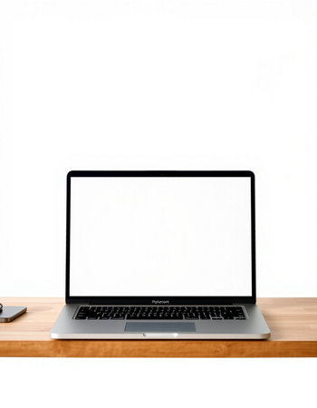 Laptop with blank screen on wooden desk isolated on white background.