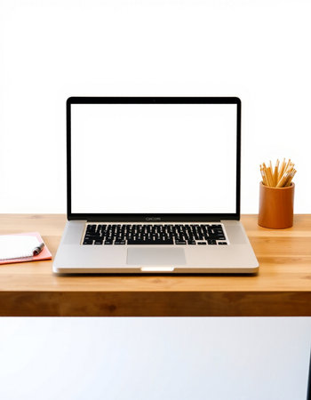 Laptop with blank screen on wooden table and white wall background.