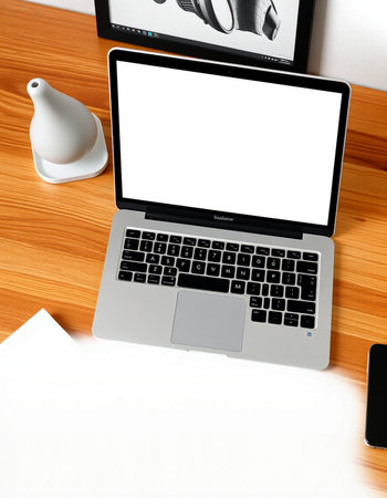 Laptop with blank screen on wooden table, mock up