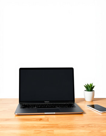 Laptop with blank screen on wooden table and white wall background.