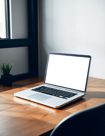 Laptop with blank screen on wooden table in office, stock photoの写真素材