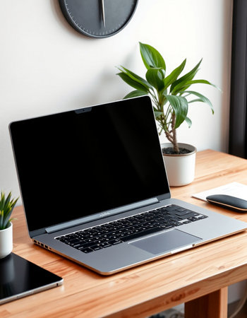 Laptop computer with blank screen on wooden desk at home office.