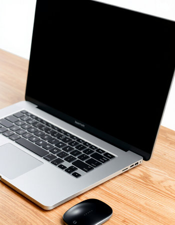 Laptop on a wooden table with a black screen and a mouse