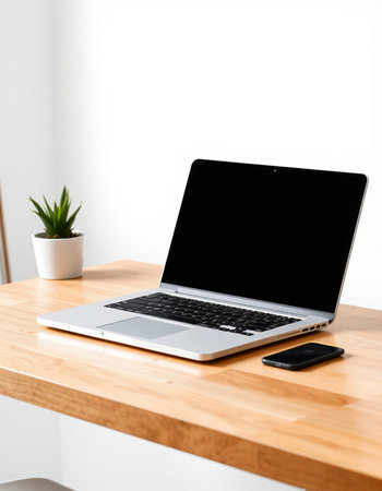 Laptop on a wooden table in a room with a white wall