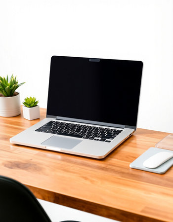 Laptop with blank screen on wooden table and white wall background.