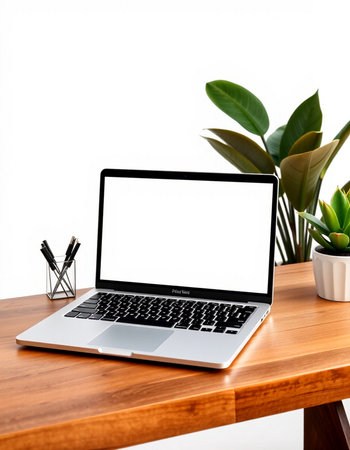 Laptop computer with blank screen on the table isolated on white background