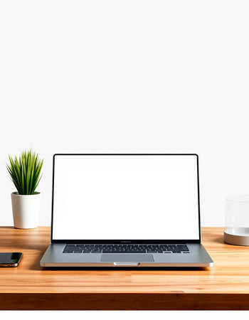 Laptop with blank screen on wooden table and white wall background.