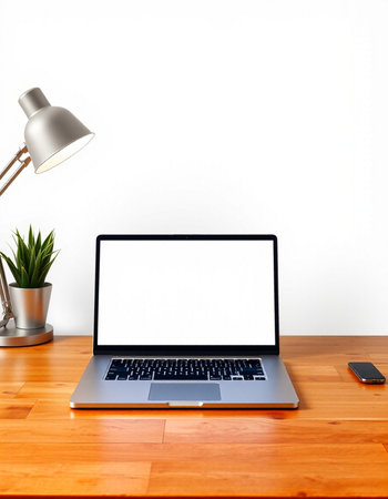 Laptop with blank screen on wooden table and white wall background.