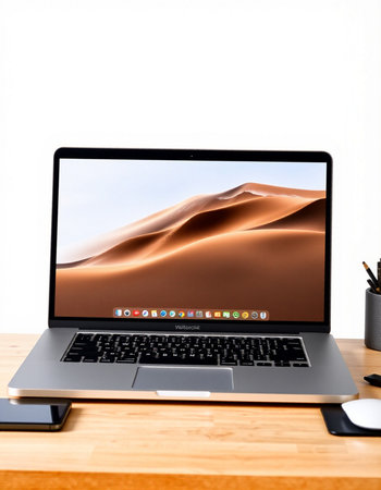 Laptop on wood table with white wall background, stock image.