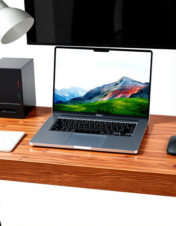3D illustration laptop and computer on wood table, Workspace background