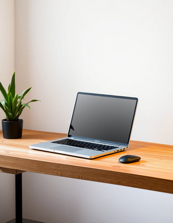 Laptop on wooden table and white wall background, Workplace concept