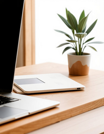 laptop on wooden table in modern office with plant, stock photoの写真素材