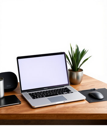 Close up of modern workplace with blank laptop screen, coffee cup, mouse and plant on wooden table...