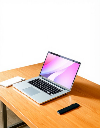 Laptop on wooden table with smart phone and tablet on white background