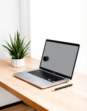 Laptop with blank screen on wooden table at home office, stock photoの写真素材