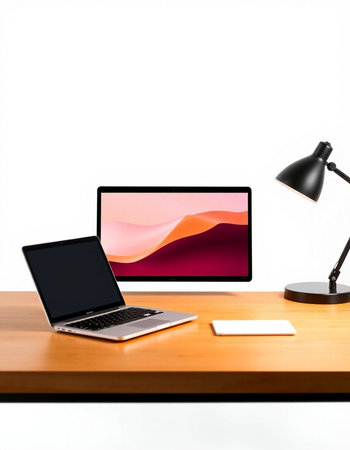 Laptop computer on wood table with black lamp and white wall background