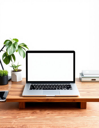 Laptop with blank screen on wooden table. Workplace concept.