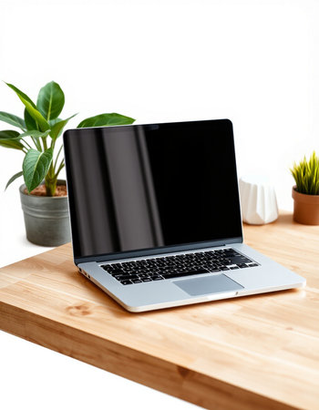 Laptop with blank screen on wooden table. Mock up, 3D Rendering