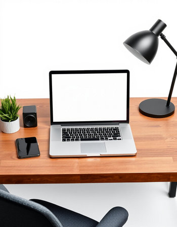 Modern workplace with blank screen laptop on wooden desk, clipping path included