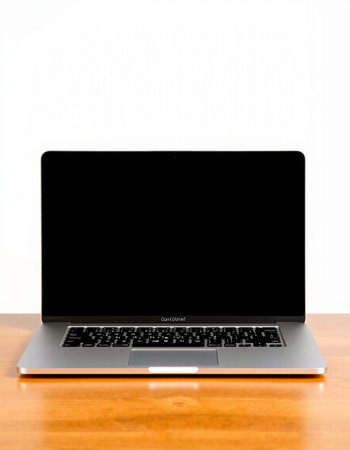 Laptop on wood table and white wall background, Laptop computer