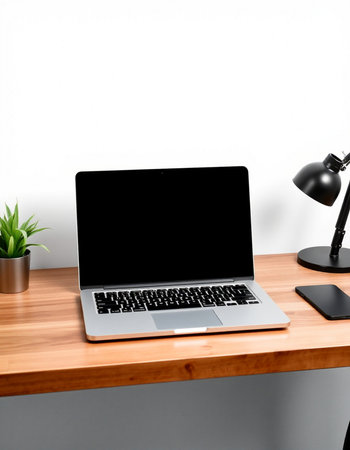 Laptop with blank screen on wooden table. Mock up, 3D Rendering