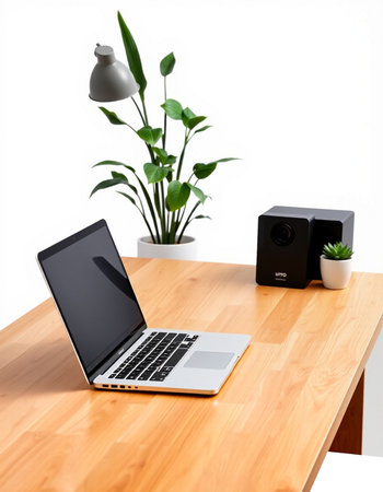 Laptop computer on wooden desk with speaker and plant