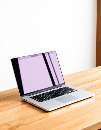 Laptop on wooden table with white wall in background, stock photo