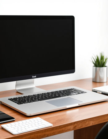 Modern workplace with computer monitor, keyboard, mouse and office supplies.