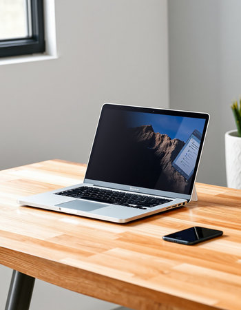 Laptop with blank screen on a wooden table in a modern office
