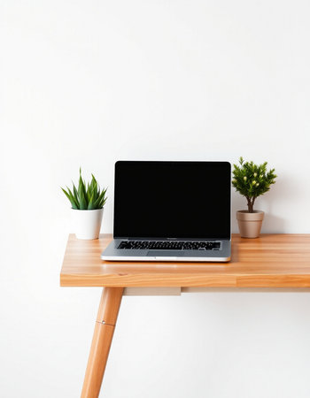 Laptop with blank screen on wooden shelf and plant on white wall background